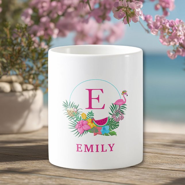 Anpassningsbar Tropical Flamingo Blommigt Monogram Kaffemugg (Custom Tropical Flamingo Floral Monogram Coffee Mug with your Initial and Name.)