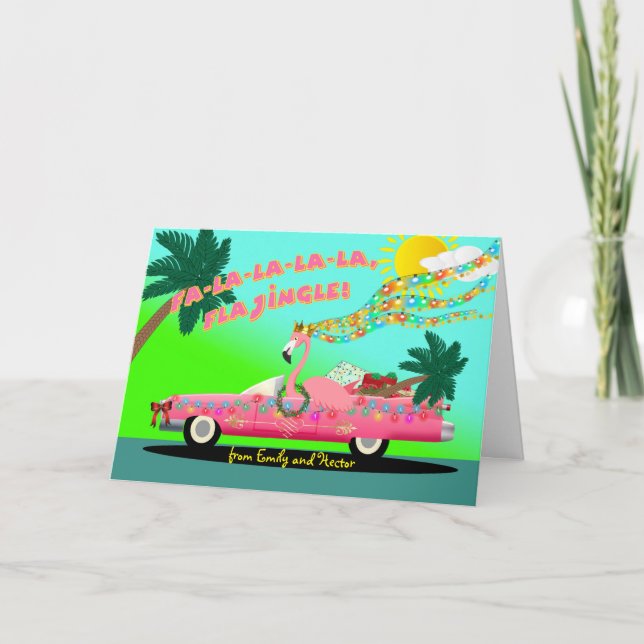 Anpassningsbar Tropical Flamingo jul med Rosa Car Kort (Framsida)