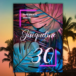 Anpassningsbar Tropical Löv Neon Rosa 30års födels Inbjudningar