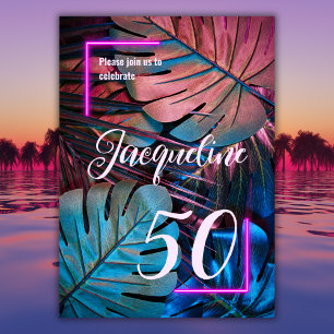 Anpassningsbar Tropical Lövs Neon Rosa 50 år Inbjudningar