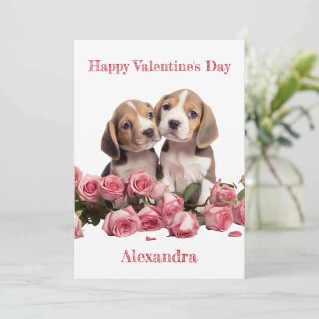 Anpassningsbar två Beagles med Rosa ros Valentine Julkort (Stående Fram)