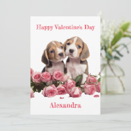 Anpassningsbar två Beagles med Rosa ros Valentine Julkort
