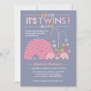 Anpassningsbar twillingar baby elefant och blomdus inbjudningar