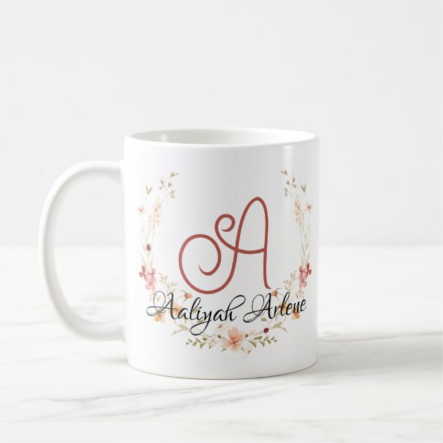 Anpassningsbar Typografi Blommigt Monogram Initial Kaffemugg (Vänster)