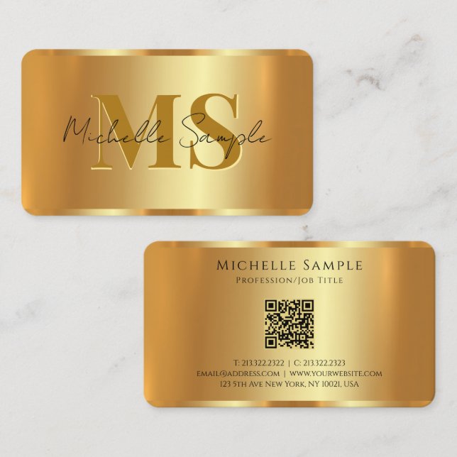 Anpassningsbar Typografi Namn QR-kod Guld Monogram Visitkort (Fram/baksida)