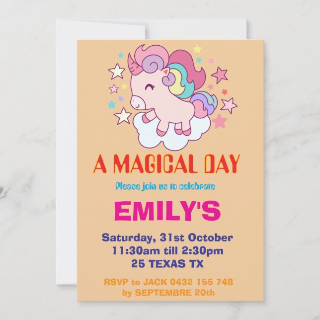 Anpassningsbar Unicorn Birthday bjudande 1:a födel Inbjudningar (Framsida)
