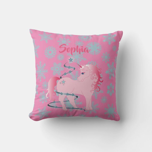 Anpassningsbar Unicorn Rosa Cute jul Snowflake Kudde (Framsida)