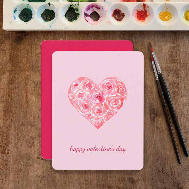 Anpassningsbar Unik vattenfärg Ro Heart Valentines Julkort (Personalize my unique cute Valentine’s Day card. My hand painted watercolor rose heart on pink.
)