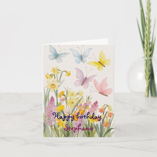 Anpassningsbar Vår blommor och fjäril Birthday Kort (Framsida)