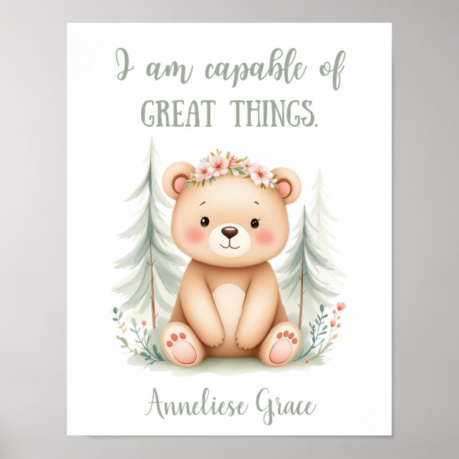 Anpassningsbar Vattenfärg Feminine Bear Woodland N Poster (Framsidan)