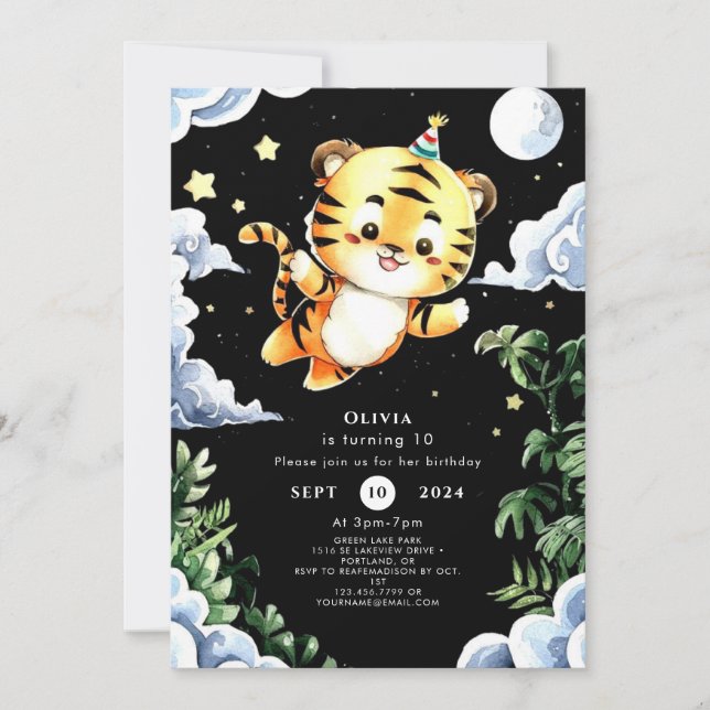 Anpassningsbar Vattenfärg Tiger Birthday Inbjudningar (Framsida)