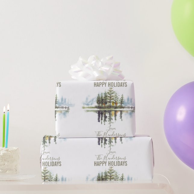 Anpassningsbar Vattenfärg Vinter Gräs Grönt Träd j Presentpapper (Festgåvor)