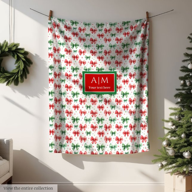 Anpassningsbar vattenfärgen festive Red grönt ger  Fleecefilt (Custom watercolor festive red green bows Christmas Fleece Blanket)