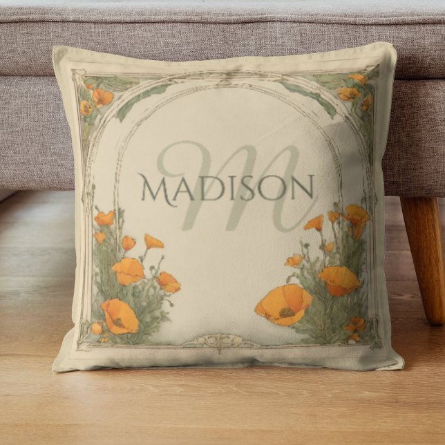 Anpassningsbar Vattenfärgens Blommigt Monogram Vin Kudde (Custom Monogram Vintage Floral square pillow in Art Nouveau style with Orange Poppies and Greenery.)