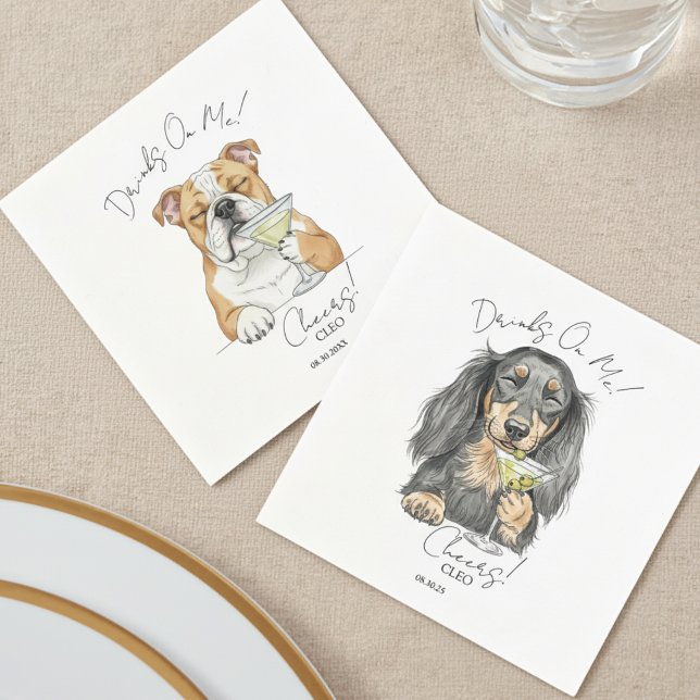 Anpassningsbar Vattenfärgsdrycker i Bröllop Hund p Pappersservett (Choose your dog's breed and personalize these Custom Watercolor Wedding Dog Drinks On Me Napkins!)