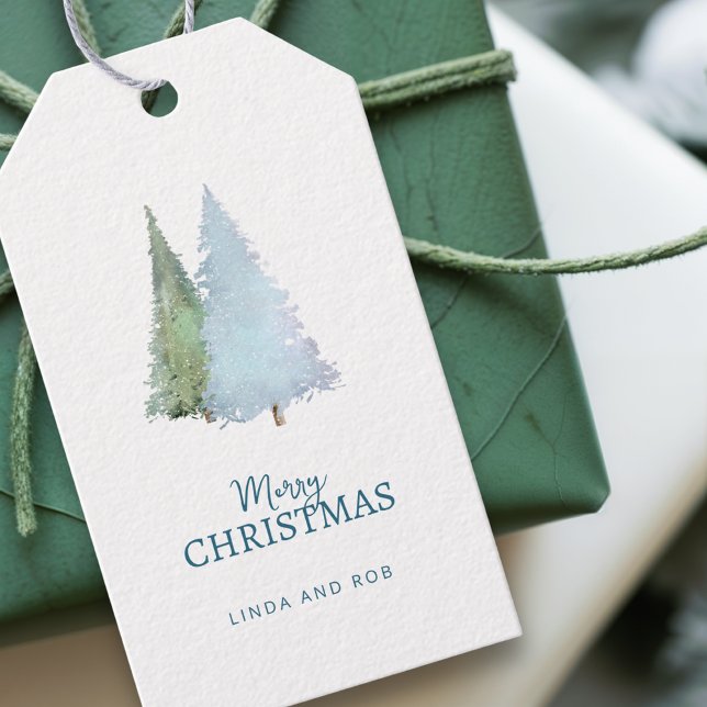 Anpassningsbar Vattenfärgsvit Grönt Gräs God jul Presentetikett (Skapare uppladdad)