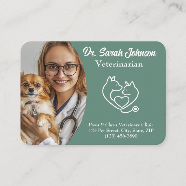 Anpassningsbar Veterinär Affärskort med foto, Logo Visitkort (Framsida)