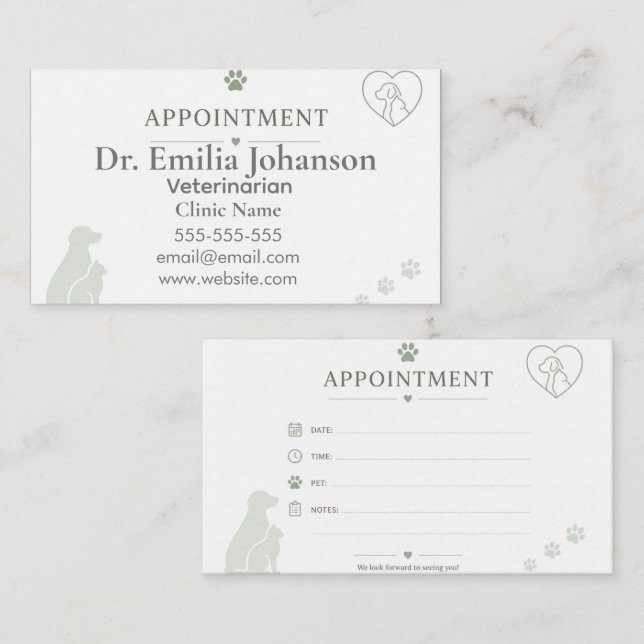 Anpassningsbar veterinärbokningskort visitkort (Fram/baksida)