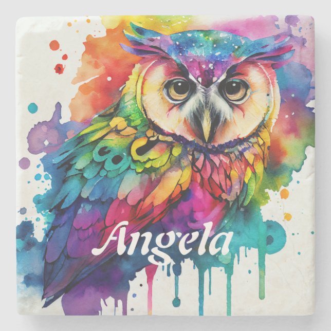 Anpassningsbar Vibrant Watercolor Uggla Stenunderlägg (Framsidan)
