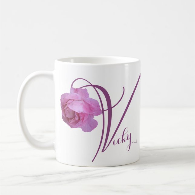 Anpassningsbar Vicky namn söt rosa ros blommig  Kaffemugg (Vänster)