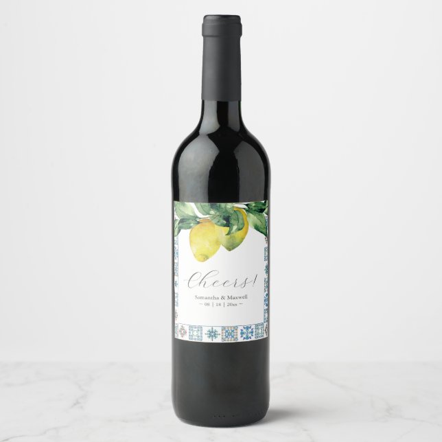 Anpassningsbar Vin-etiketter Amalfi Tile & Lemons Vinflaska Etikett (Framsida)