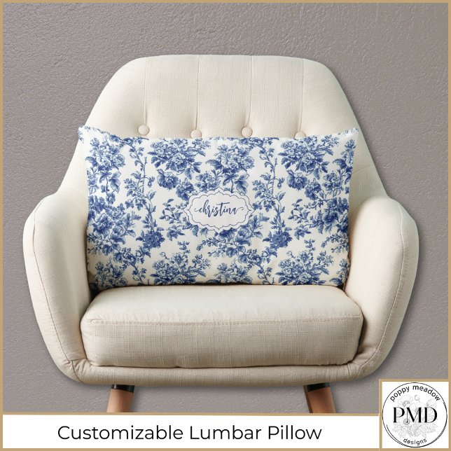 Anpassningsbar Vintage Blommigt Tunga Personlig To Lumbarkudde (Custom Vintage Floral Navy Blue and White Toile Lumbar Pillow with Name or Initials.)