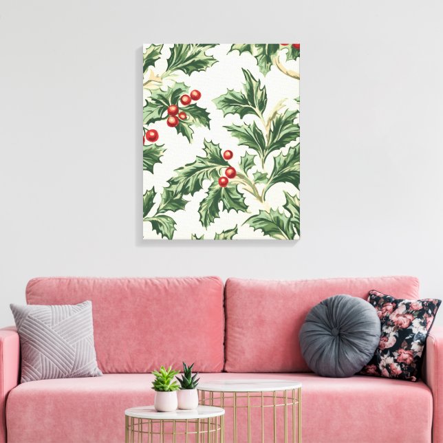 Anpassningsbar Vintage jul Holly & Berries Mönster Canvastryck (Insitu (Vardagsrum))