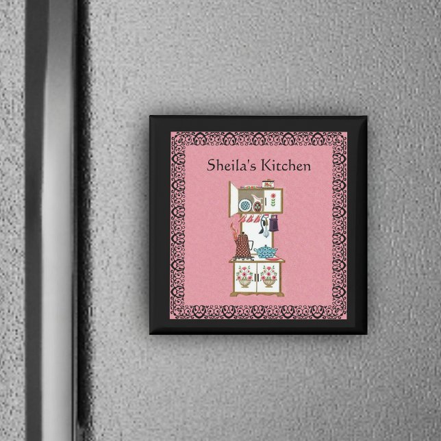 Anpassningsbar Vintage Kitchen Magnet (Vintage white cooking stove flowers in fancy black frame on pink kitchen magnet.)