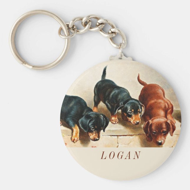 Anpassningsbar Vintage Retro Funny Cute Dachshund  Nyckelring (Framsidan)