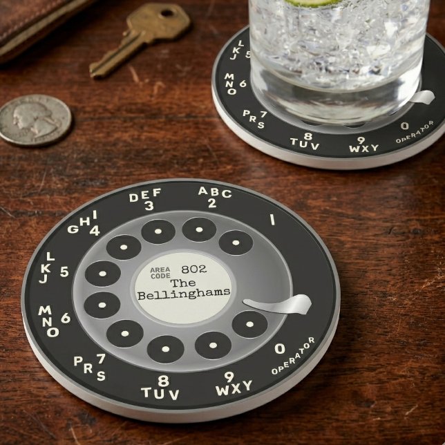 Anpassningsbar Vintage Roterande Telefonrings Sand Underlägg (Customize this retro rotary phone dial coaster with your area code and name or custom text. )