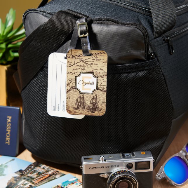 Anpassningsbar Vintage Sepia Karta Monogram Namn Bagagebricka (Framsida & Baksida)