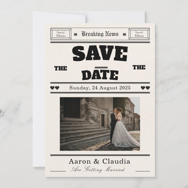 Anpassningsbar Vintage Tidnings Save the Date  Inbjudningar (Baksida)