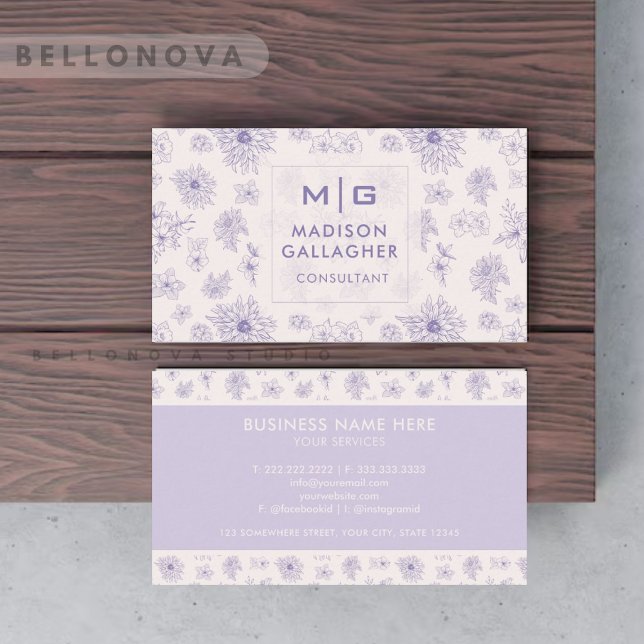 Anpassningsbar Violet Lila Soft Rosa Blommigt Prof Visitkort (Custom Violet Purple Soft Pink Floral Professional Business Card)