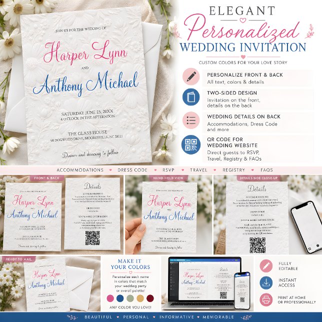 Anpassningsbar vit blomsterbröllopsinbjudan inbjudningar (Custom Color White Floral Wedding Invitation, all-in-one with details on the back.)