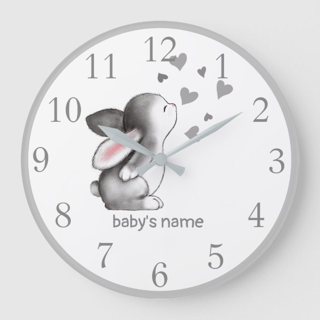 Anpassningsbar Vit Grått Bunny Nursery Decor Wall  Stor Klocka (Framsida)
