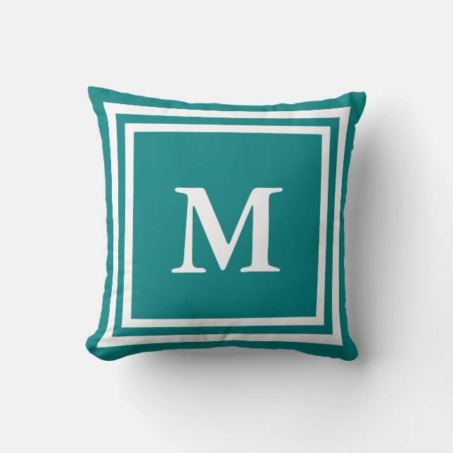Anpassningsbar Vit Monogram på Teal Kudde (Framsida)