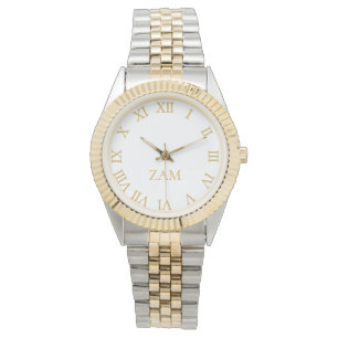 Anpassningsbar vit monogrammed Guld Silver Tone Br Armbandsur