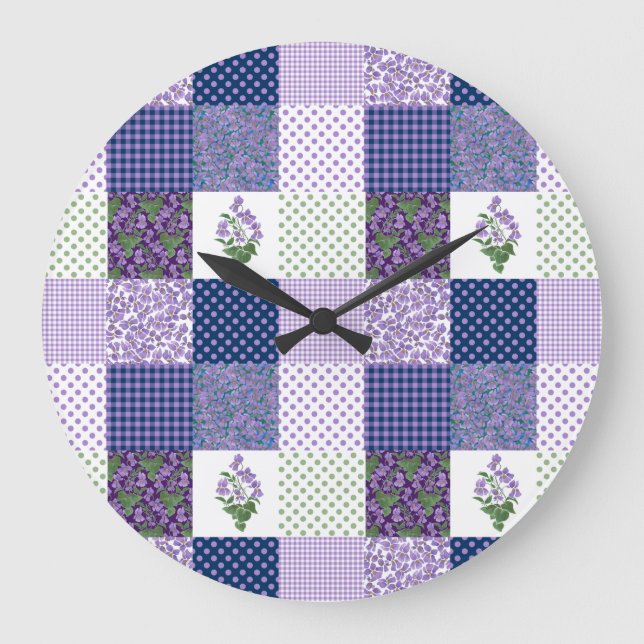 Anpassningsbar Wall Clock, Faux-patchwork Violets  Stor Klocka (Framsida)