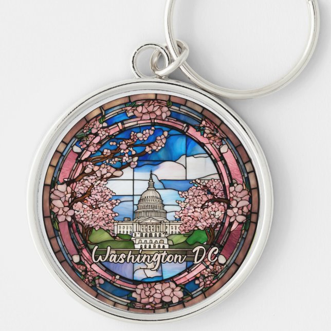 Anpassningsbar Washington DC Dated Cherry Blommar Rund Silverfärgad Nyckelring (Framsidan)