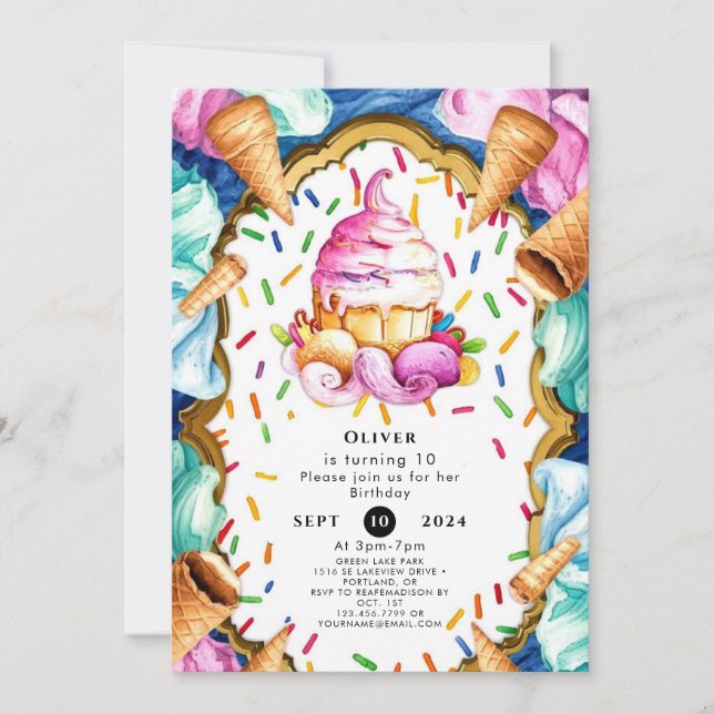 Anpassningsbar Watercolor Dessert Ice Cream Birthd Inbjudningar (Framsida)