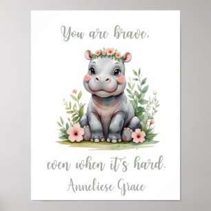 Anpassningsbar Watercolor Hippo Girl Safari Nurser Poster