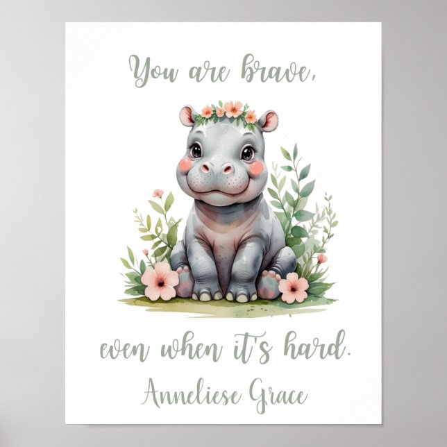 Anpassningsbar Watercolor Hippo Girl Safari Nurser Poster (Framsidan)