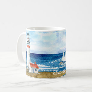 Anpassningsbar Watercolor Lighthouse Sailboat Beac Kaffemugg