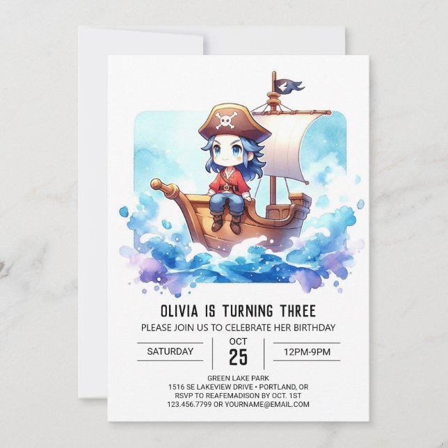 Anpassningsbar Watercolor Pirat Birthday Inbjudningar (Framsida)