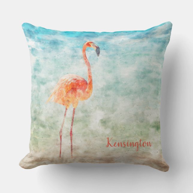 Anpassningsbar Watercolor Rosa Flamingo | Tropiskt Kudde (Framsida)
