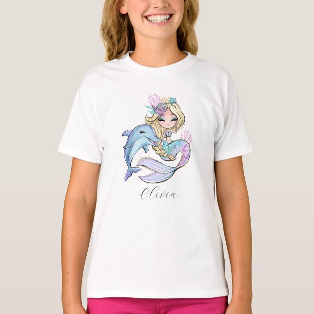 Anpassningsbar Watercolor Sjöjungfru Personlig Gir T Shirt (Framsida)