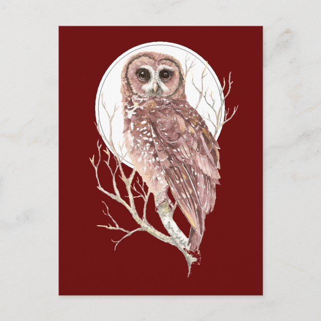Anpassningsbar Watercolor Uggla i Träd, Måne, Bird Vykort (Framsida)
