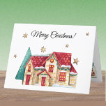 Anpassningsbar Watercolor Winter House God jul Helgkort<br><div class="desc">Det vita guldvintern trimmade med dekorationer och snö, med röda tak och dörrar och guld stjärnor fallna från himmel. En liten liten del av huset är inne i en Mason burk. Om du vill göra det här kortet till ett eget kort kan du enkelt ändra calligraphy-skriptet på framsidan, insidan och...</div>
