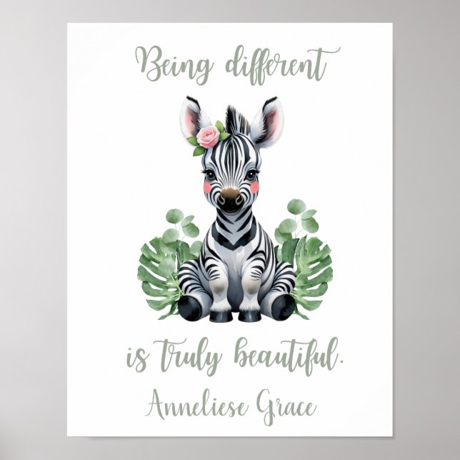 Anpassningsbar Watercolor Zebra Girl Safari Nurser Poster (Framsidan)