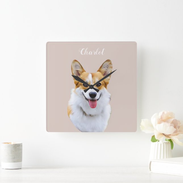 Anpassningsbar Welsh Corgi Hund Personlig Teckning Fyrkantig Klocka (Hem)